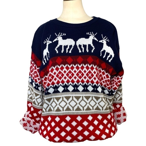 Fair isle Knit Sweater Sz S Oversized Blue Red Winter Deer Ugly Xmas Pullover - Picture 2 of 11